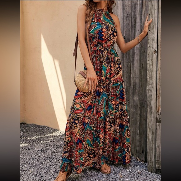 Dresses & Skirts - Boho print belted halter maxi dress PAST FEW